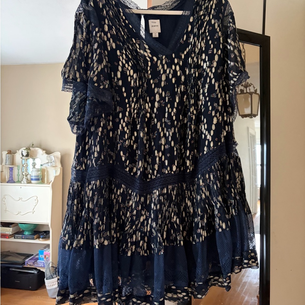 Maeve Anthropologie Navy Lace Tiered Dress with Cream Dot Print